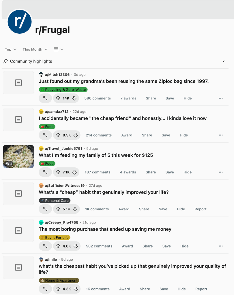 subreddit Frugal subreddit Frugal